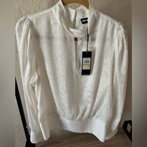 Karl Lagerfeld Cream with Gold Threading Keyhole Long Sleeve Blouse